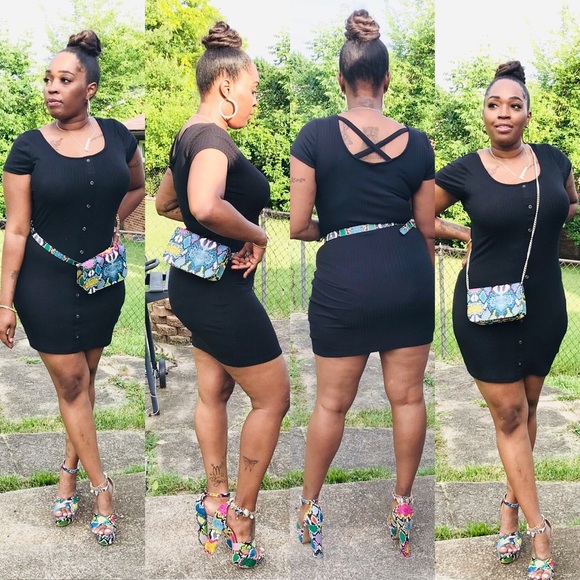 WOMEN SHORT SLEEVE BLACK SCOOP NECK CROSS BACK RIBBED KNIT BODYCON MIDI DRESS - Picture 3 of 4